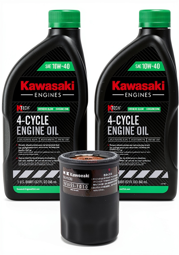 Installing Kawasaki Oil Change Kit 10W40 Dual Engine Filter on a wooden garage workbench