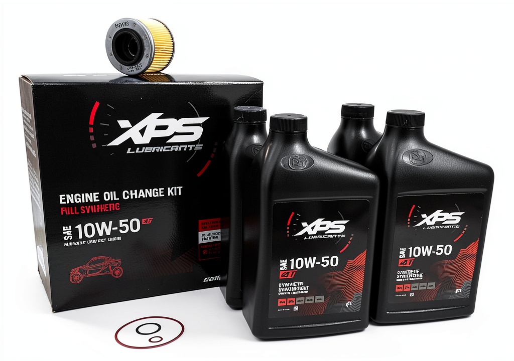 Installing Can‑Am UTV 10W‑50 Synthetic Oil All‑In‑One Kit on a wooden workbench
