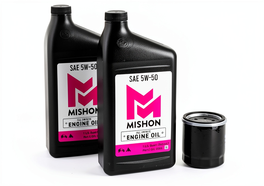 Mishon 5W-50 oil being poured into a Polaris ATV engine