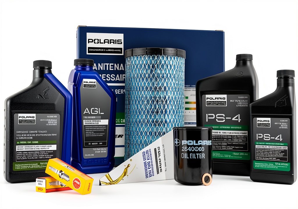 Polaris UTV maintenance kit components laid out on a service table