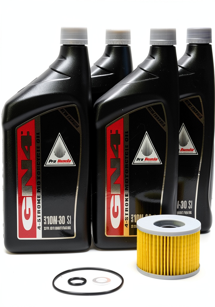 Installing Honda 10W-30 Powersports Engine Oil on a wooden workbench