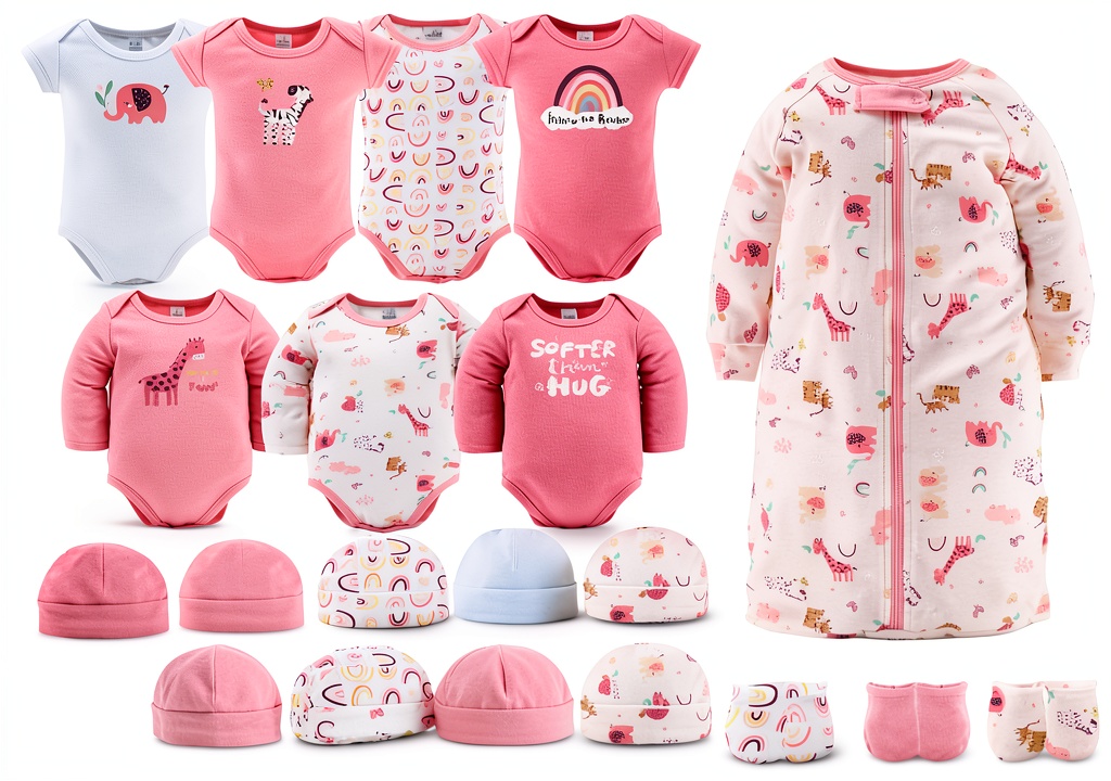 Baby girl layette set 23 piece cotton outfit unboxing on a wooden table