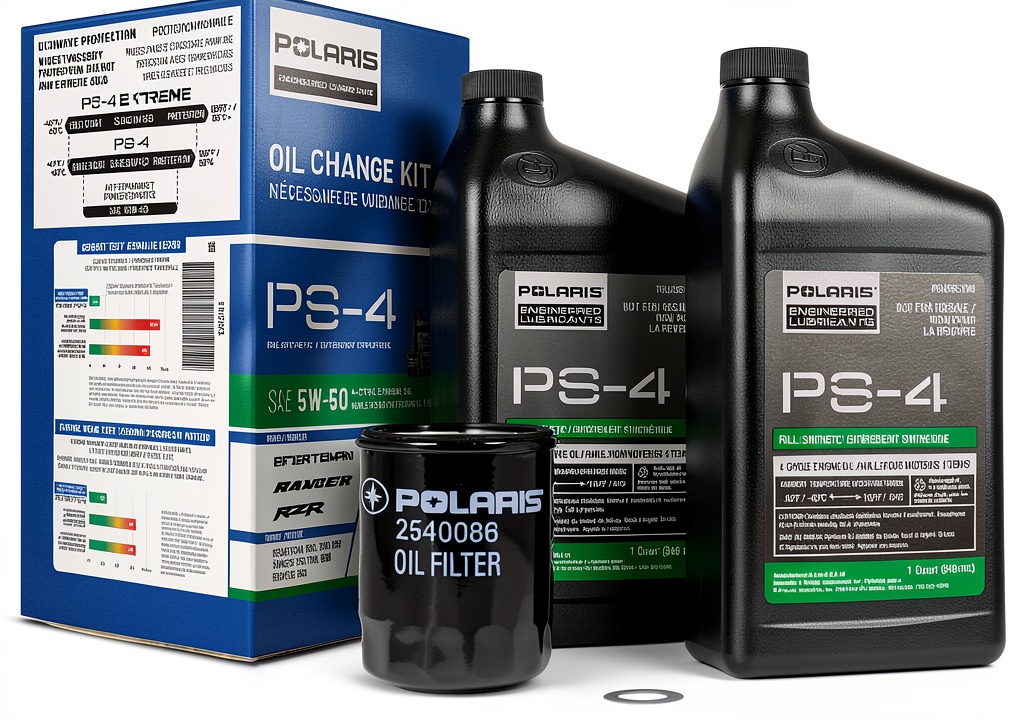 Installing Polaris PS-4 5W-50 Full Synthetic Engine Oil 2qt on a wooden workbench